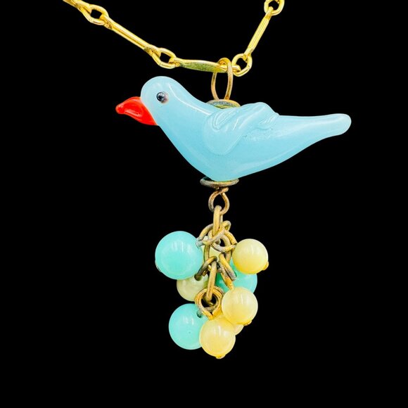 Vintage Lenora Dame Art Glass Blue Bird Sitting on Eggs Pendant Necklace Gold To - Picture 5 of 16